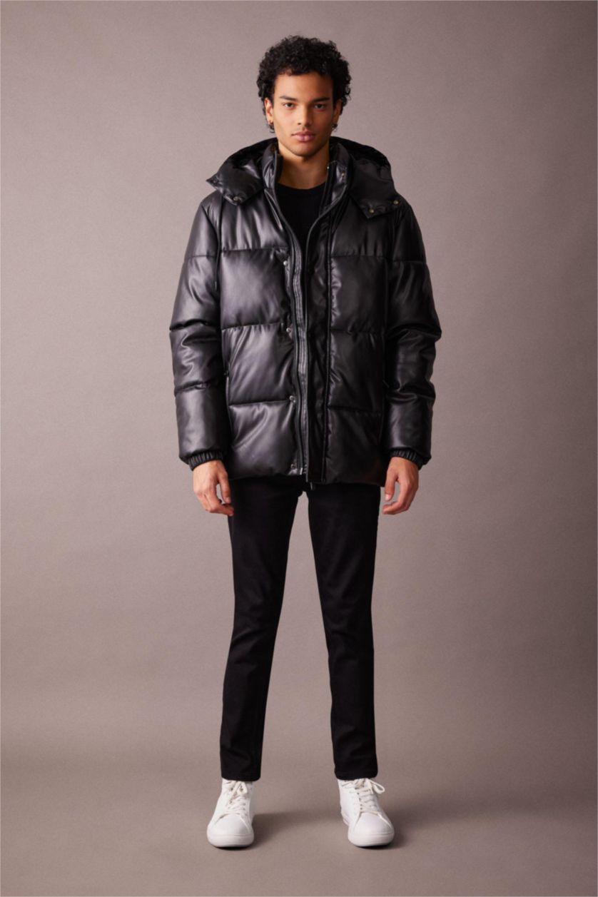 MAN Black Slim Fit Hooded Faux Leather Puffer Jacket