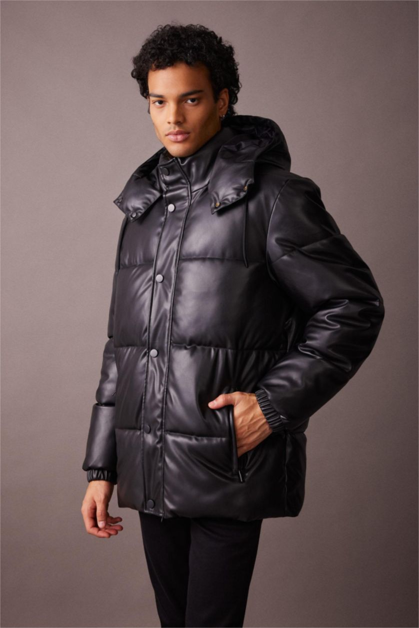 MAN Black Slim Fit Hooded Faux Leather Puffer Jacket