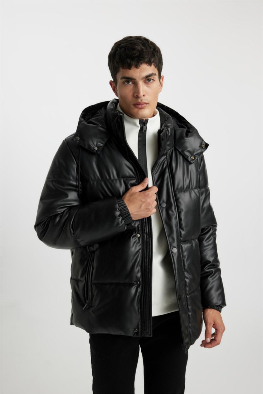 MAN Black Slim Fit Hooded Faux Leather Puffer Jacket