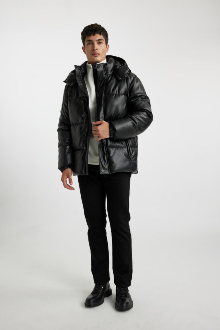 MAN Black Slim Fit Hooded Faux Leather Puffer Jacket