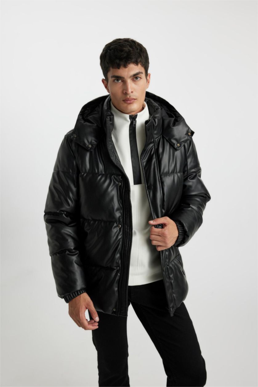 MAN Black Slim Fit Hooded Faux Leather Puffer Jacket