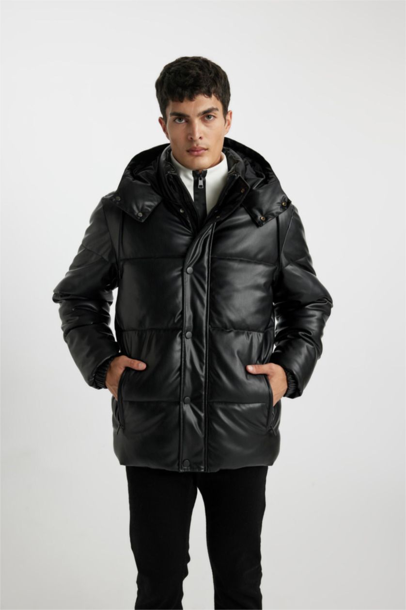 MAN Black Slim Fit Hooded Faux Leather Puffer Jacket