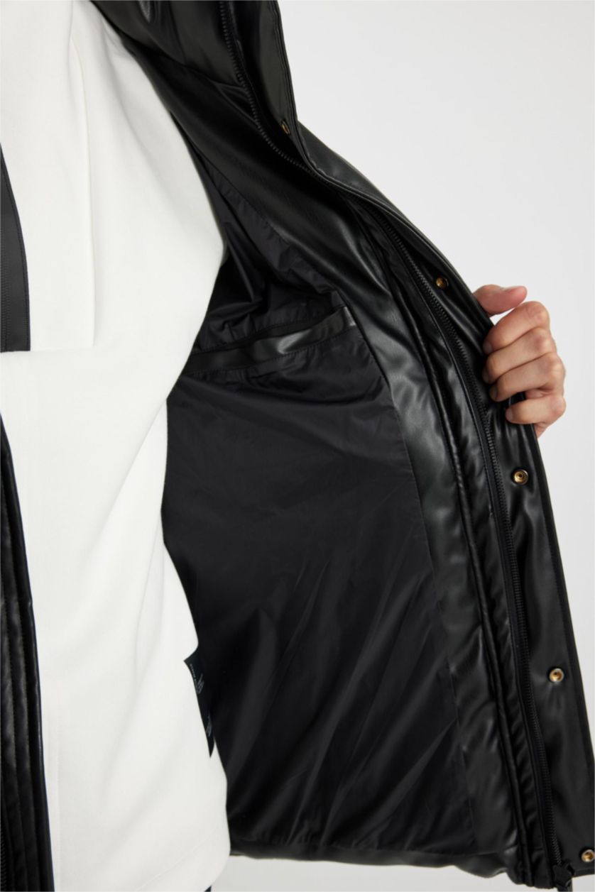 MAN Black Slim Fit Hooded Faux Leather Puffer Jacket