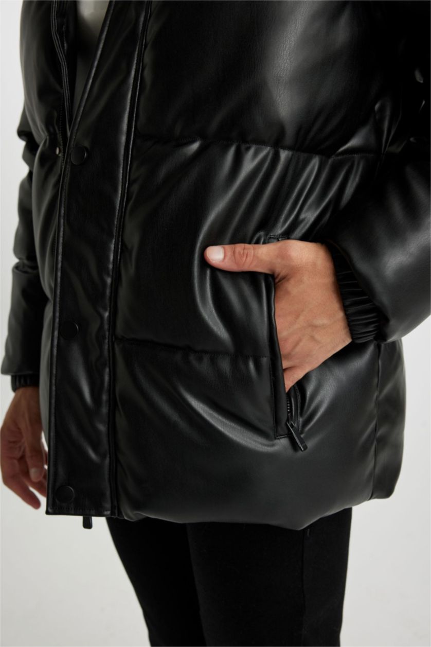 MAN Black Slim Fit Hooded Faux Leather Puffer Jacket
