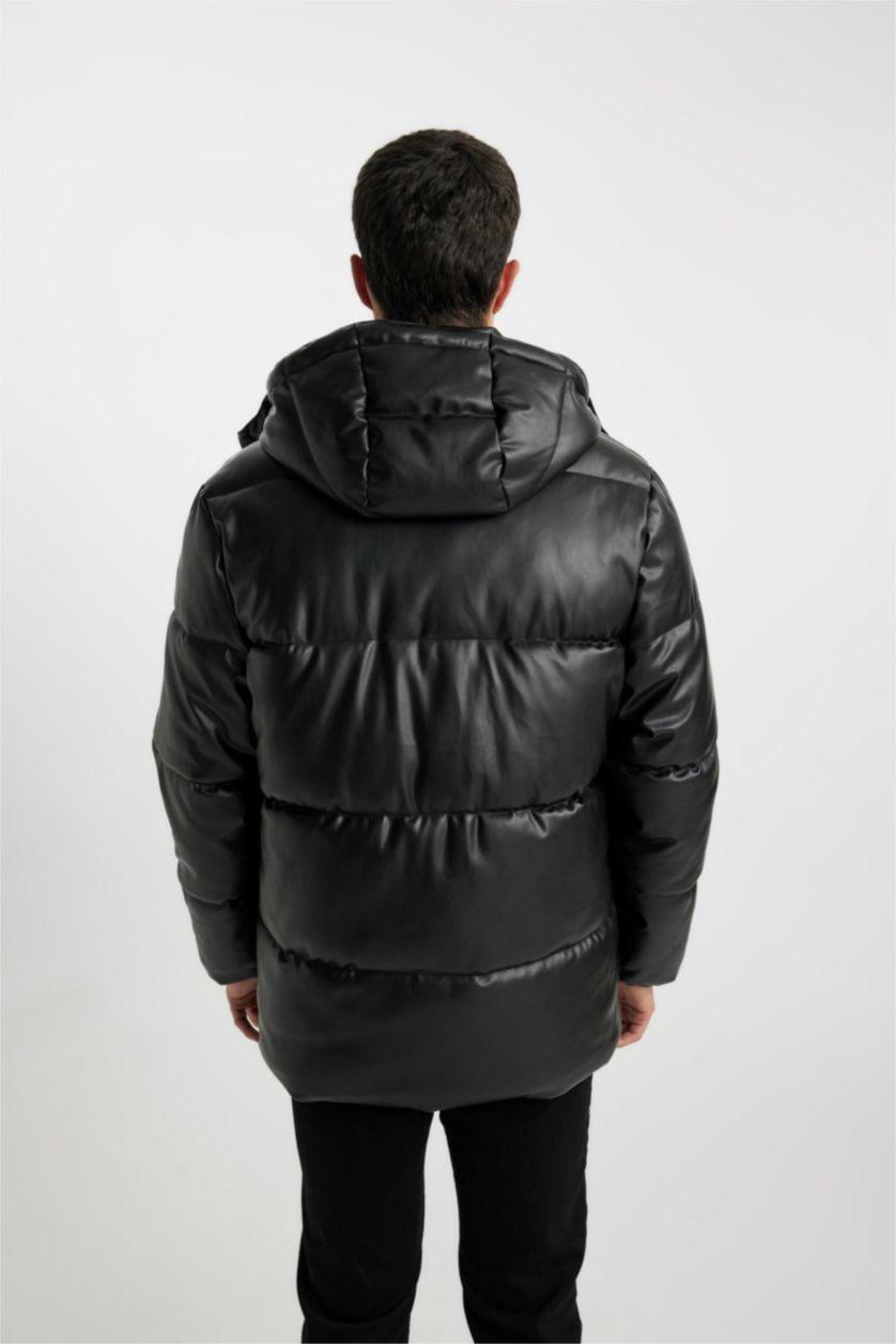 MAN Black Slim Fit Hooded Faux Leather Puffer Jacket