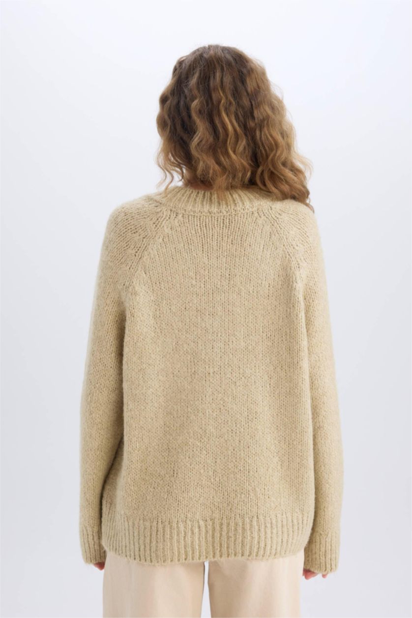 FEMME Beige Pull en Tricot Oversize à Col En V