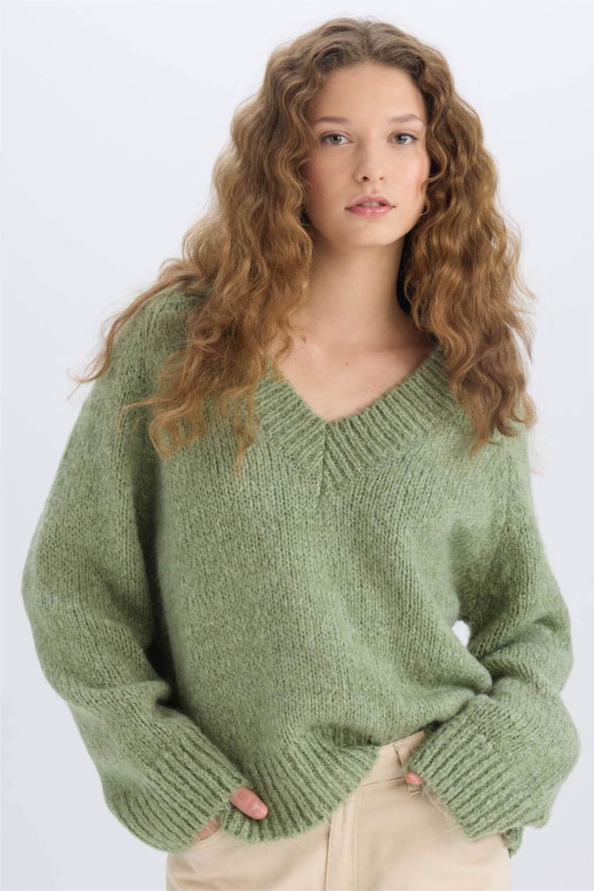 FEMME Vert Pull en Tricot Oversize à Col En V