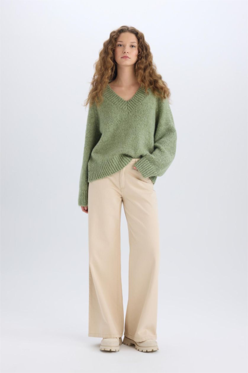FEMME Vert Pull en Tricot Oversize à Col En V