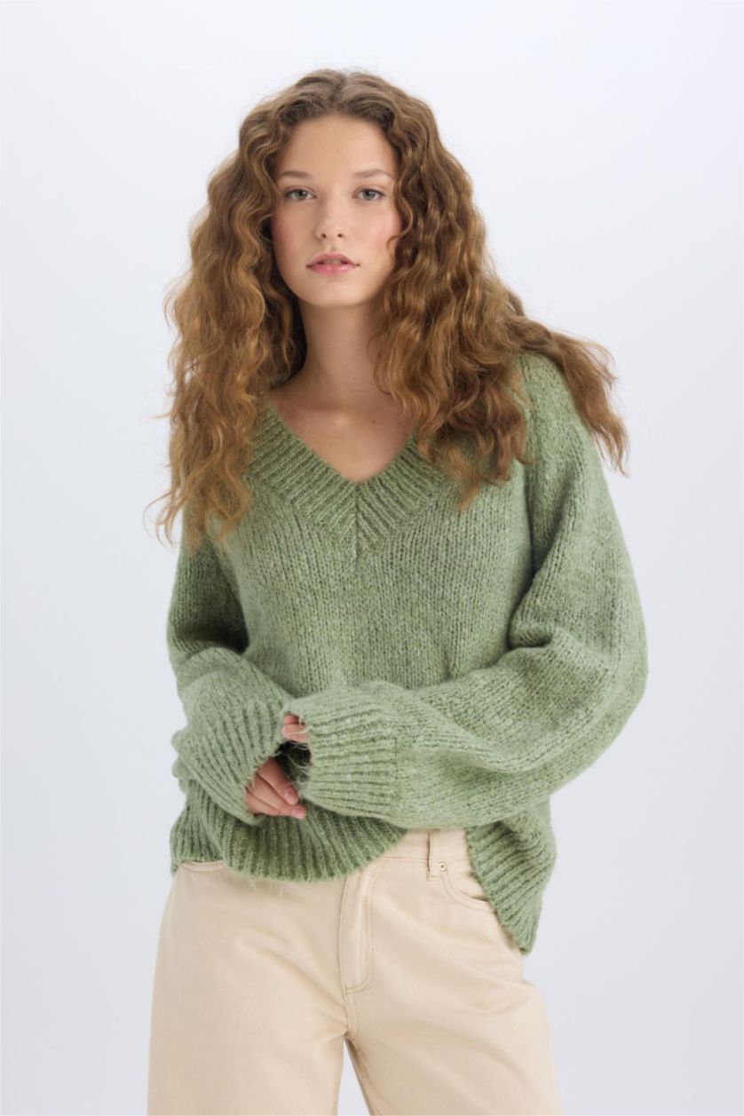 FEMME Vert Pull en Tricot Oversize à Col En V