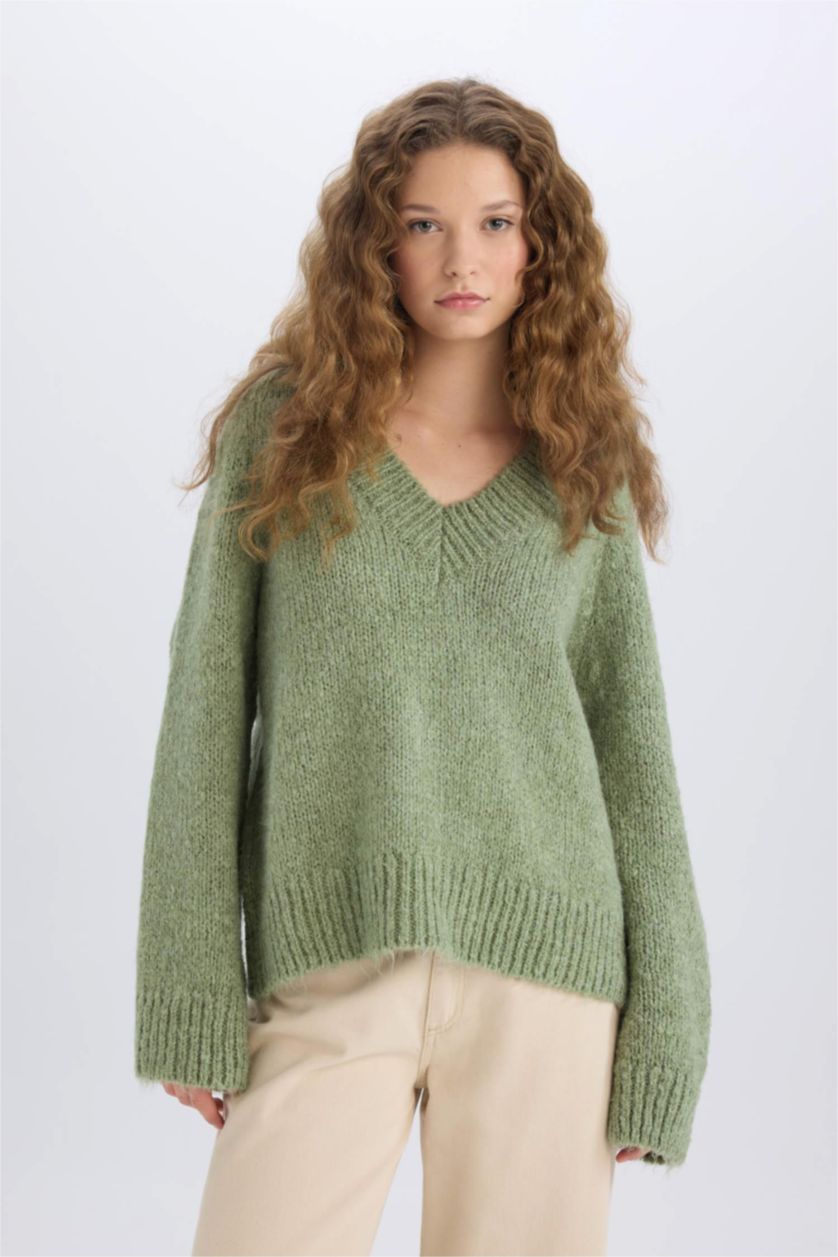 FEMME Vert Pull en Tricot Oversize à Col En V