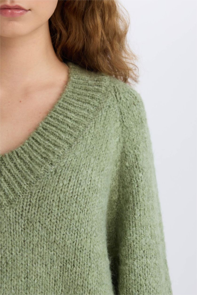FEMME Vert Pull en Tricot Oversize à Col En V