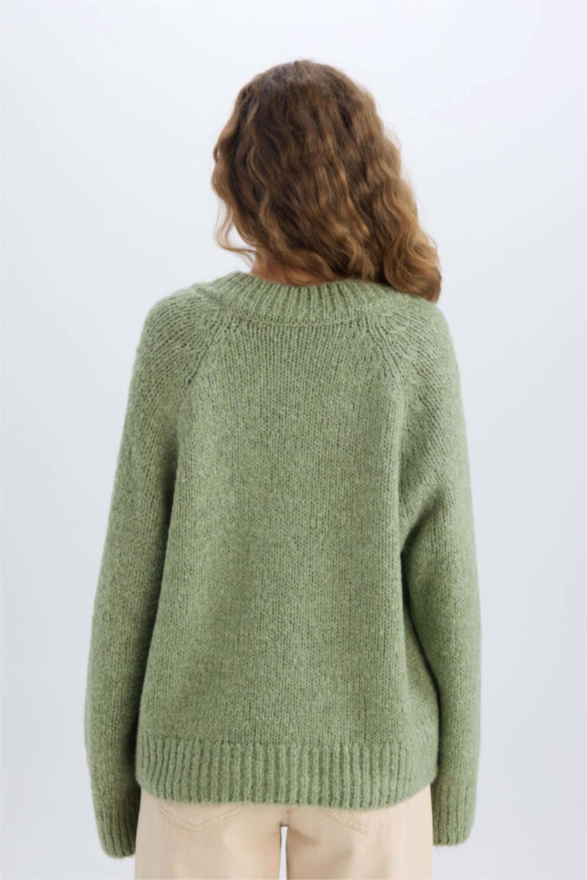FEMME Vert Pull en Tricot Oversize à Col En V