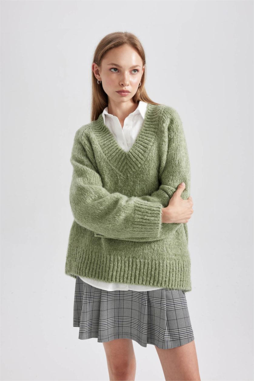 FEMME Vert Pull en Tricot Oversize à Col En V