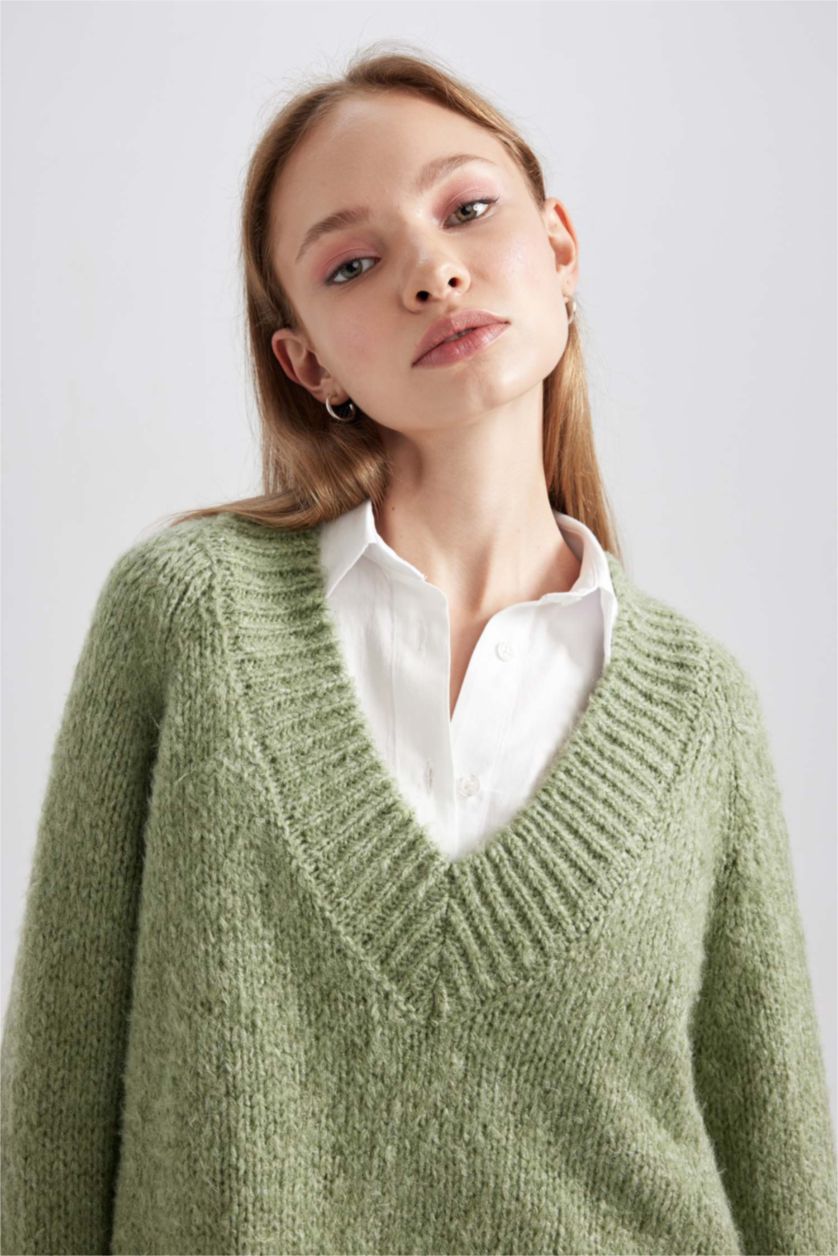 FEMME Vert Pull en Tricot Oversize à Col En V