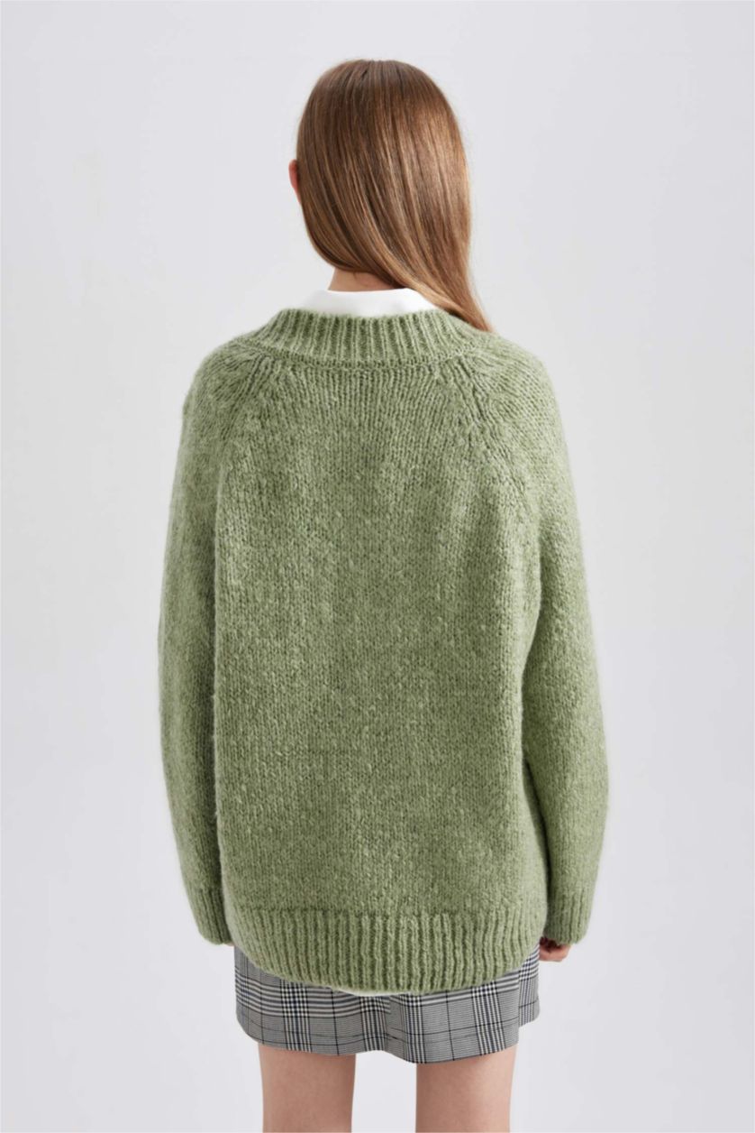 WOMAN Green Oversize Fit V-Neck Knitwear Pullover
