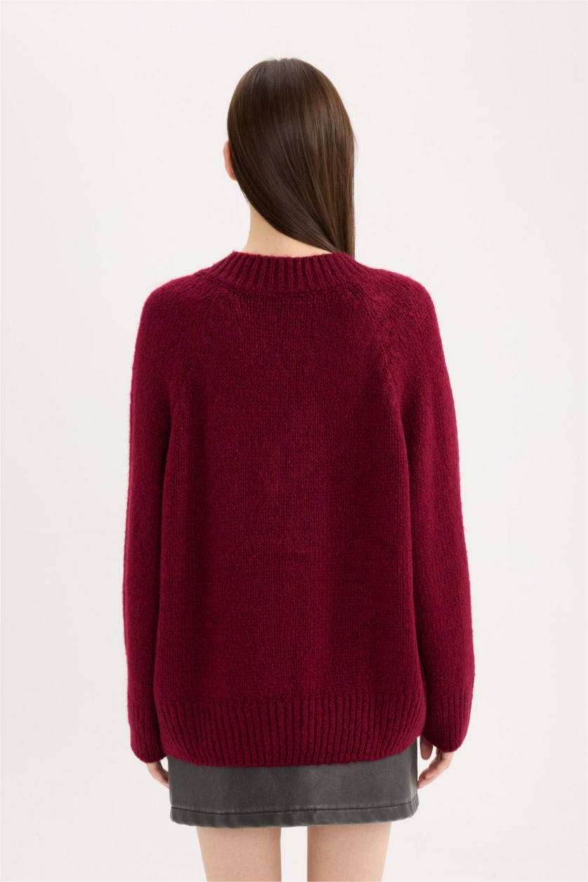 Kadın Bordo Oversize Geniş Kalıp V Yaka Basic Düz Bordo Triko Kazak