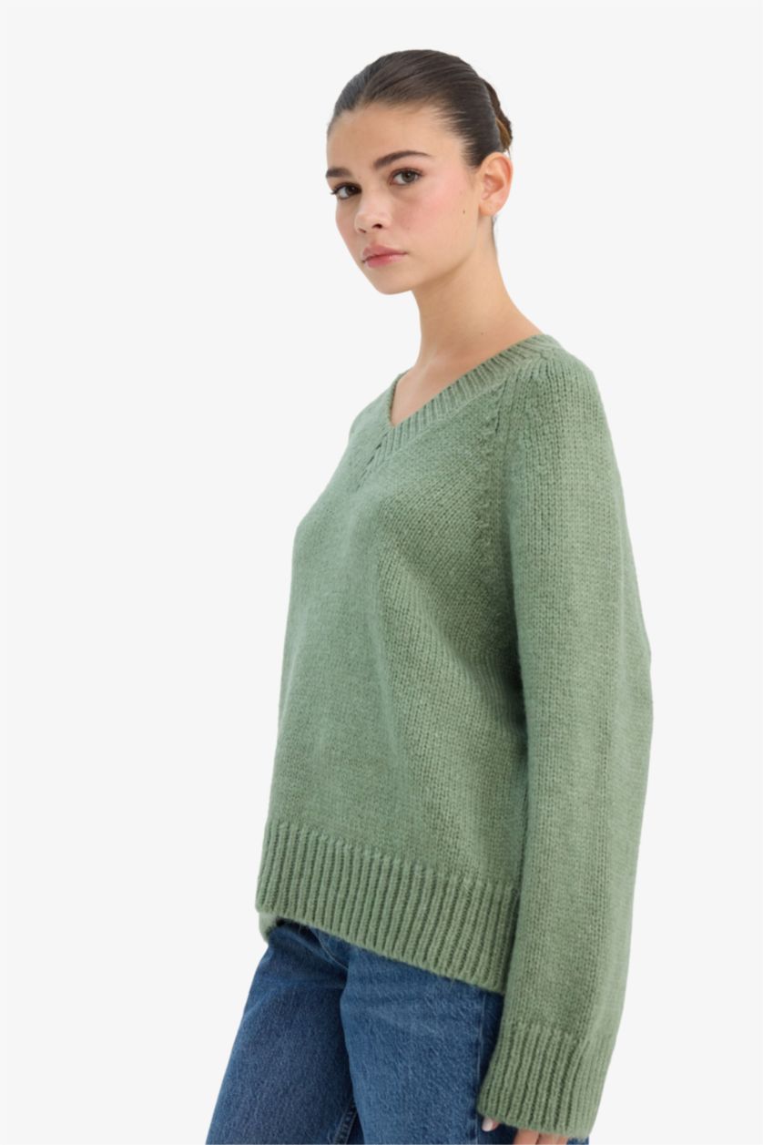 حريمي كاكي بلوفر اوفر سايز بياقة V