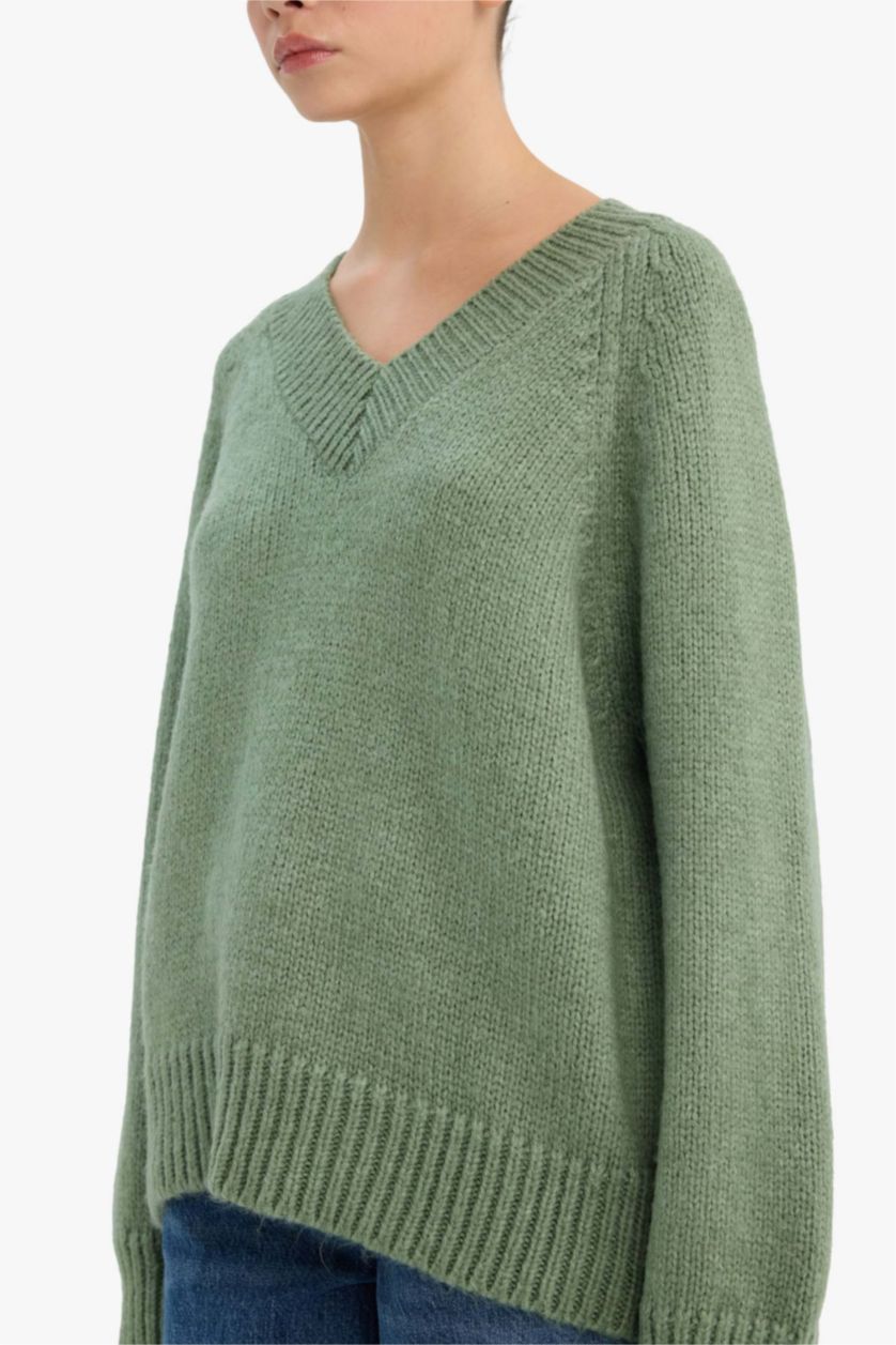 حريمي كاكي بلوفر اوفر سايز بياقة V