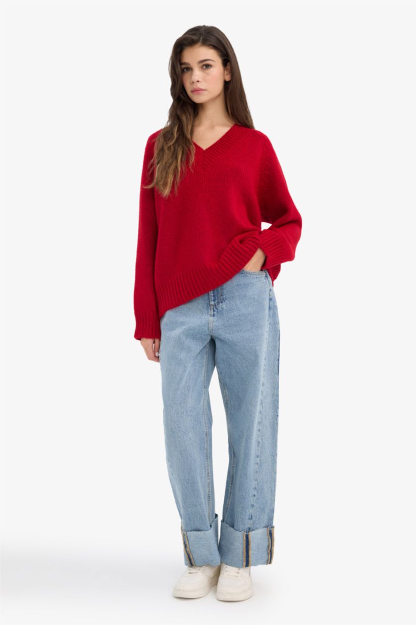 حريمي أحمر بلوفر اوفر سايز بياقة V