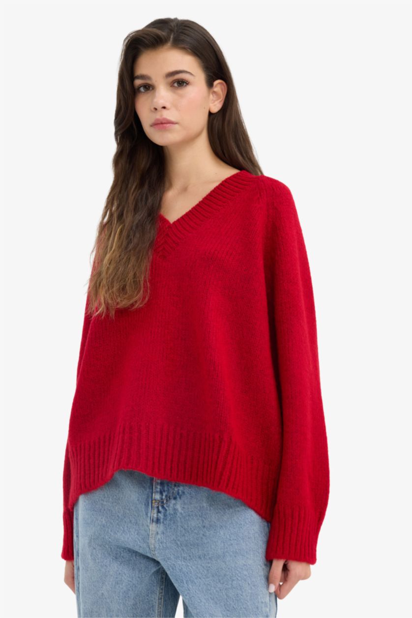 حريمي أحمر بلوفر اوفر سايز بياقة V