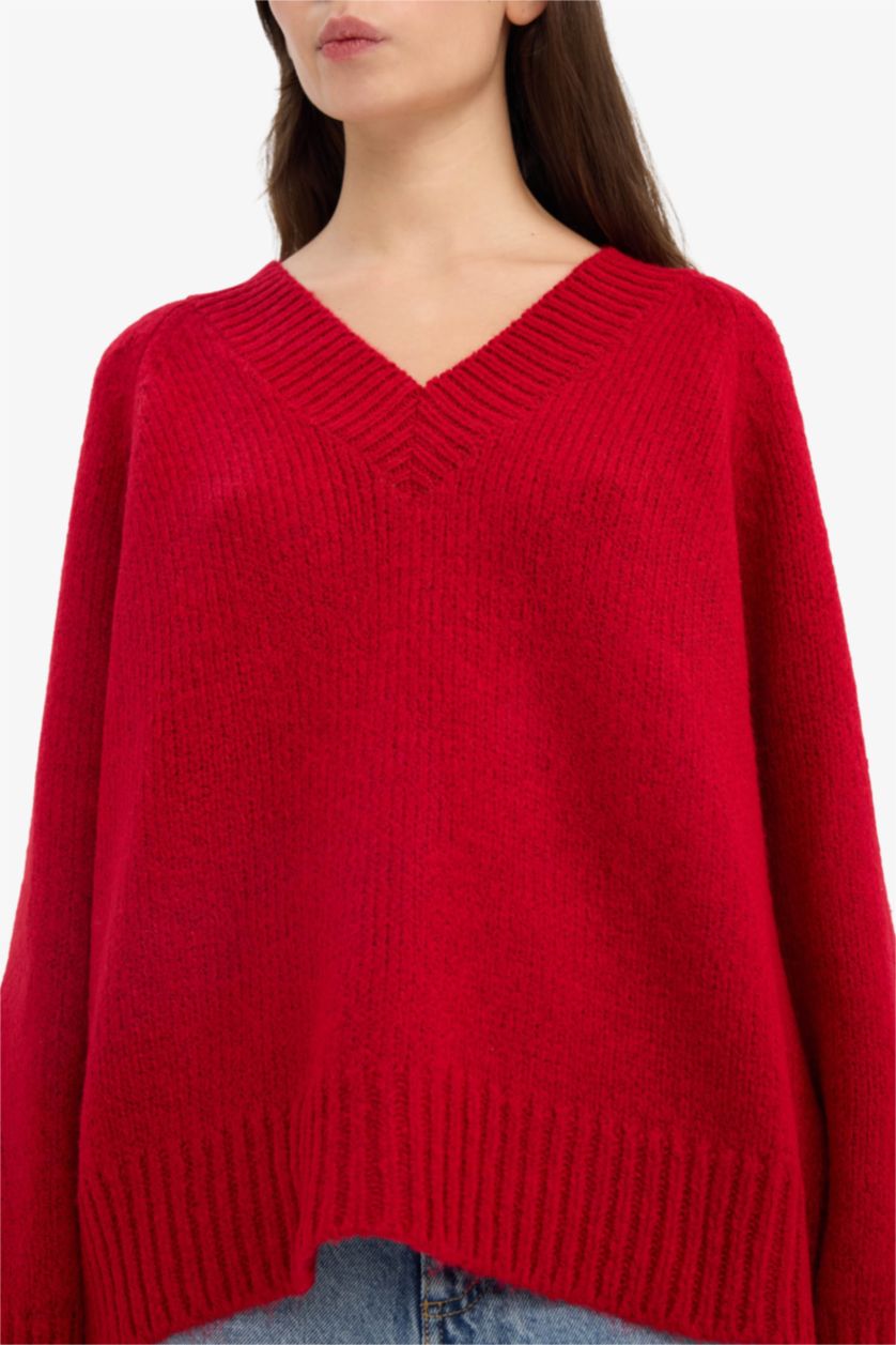 حريمي أحمر بلوفر اوفر سايز بياقة V