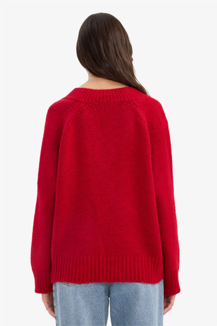 حريمي أحمر بلوفر اوفر سايز بياقة V