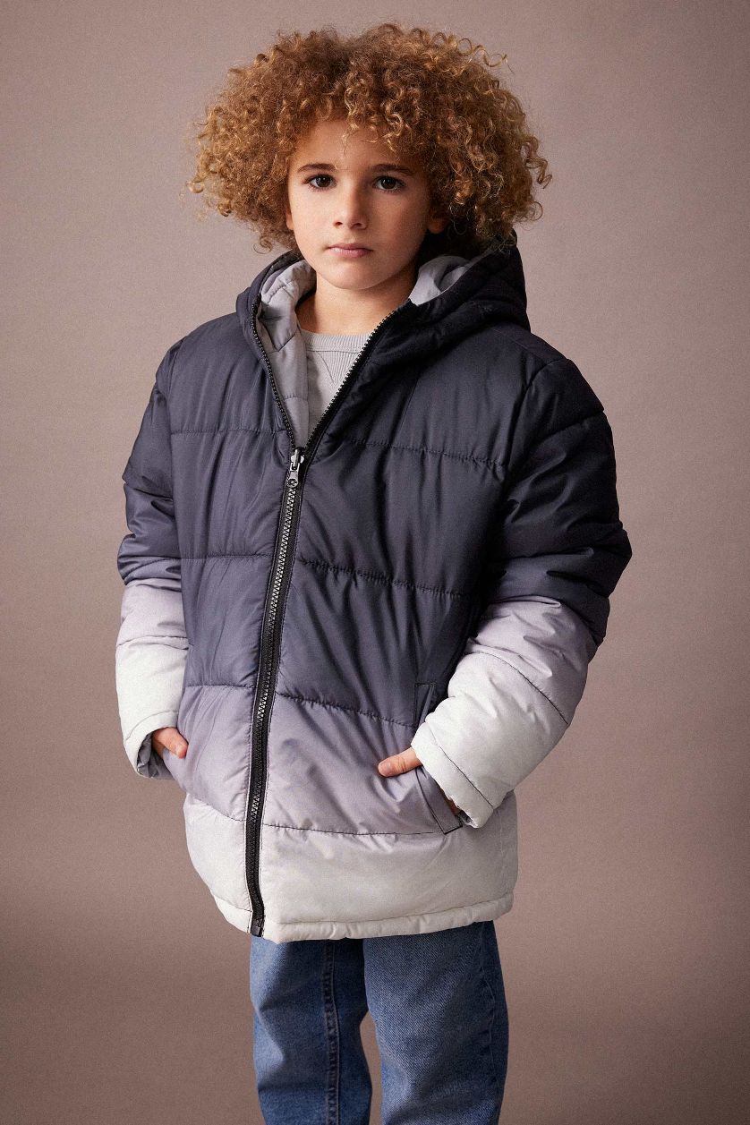 Erkek Çocuk - Genç Erkek Açık Gri Erkek Çocuk Su İtici Kapüşonlu Çift Taraflı Şişme Mont
