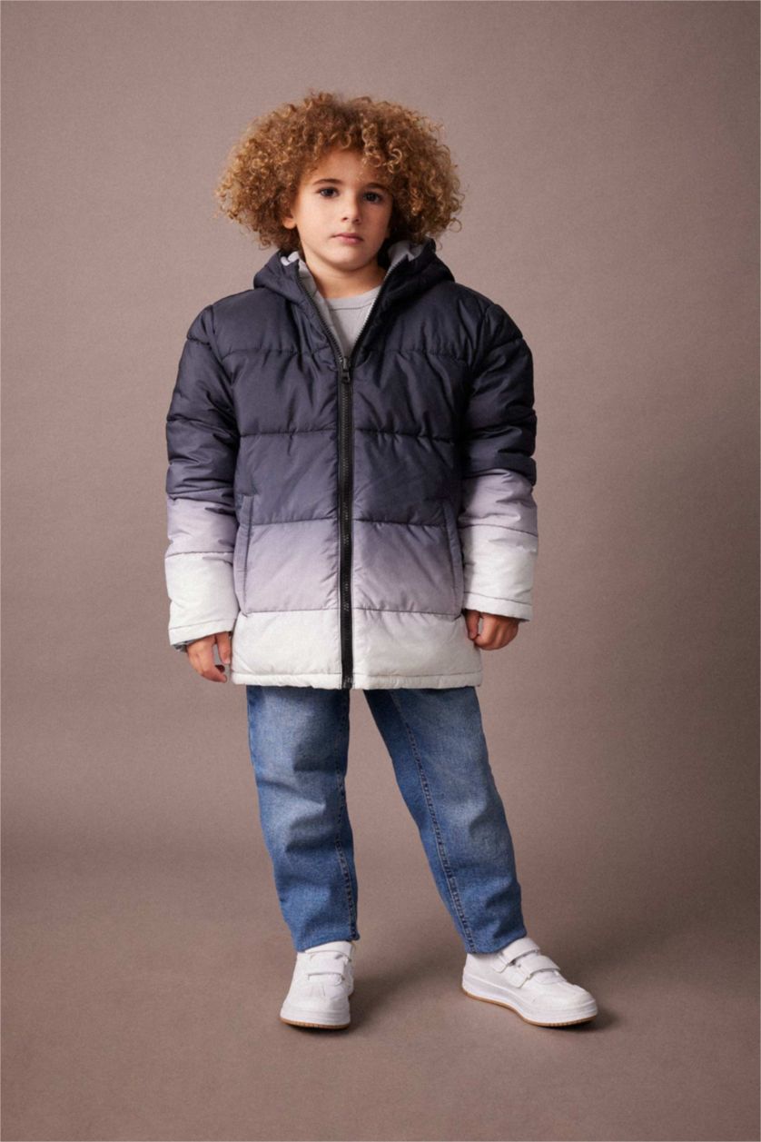 Erkek Çocuk - Genç Erkek Açık Gri Erkek Çocuk Su İtici Kapüşonlu Çift Taraflı Şişme Mont