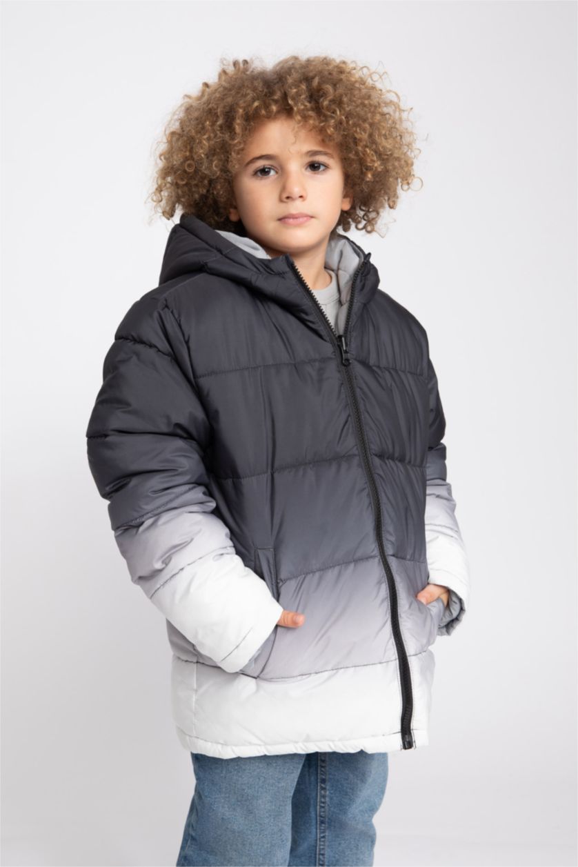 Erkek Çocuk - Genç Erkek Açık Gri Erkek Çocuk Su İtici Kapüşonlu Çift Taraflı Şişme Mont