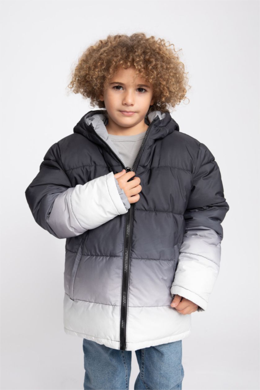 Erkek Çocuk - Genç Erkek Açık Gri Erkek Çocuk Su İtici Kapüşonlu Çift Taraflı Şişme Mont
