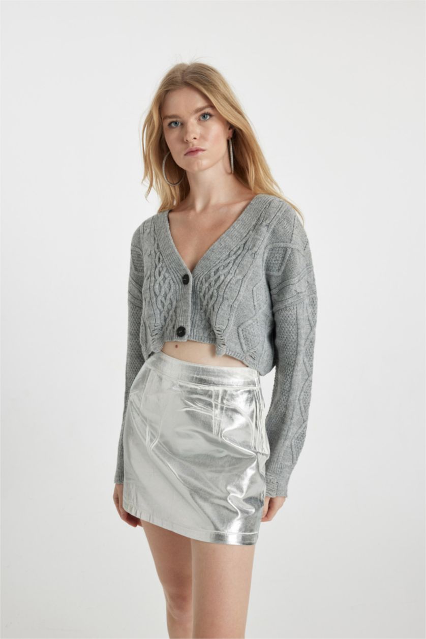 Kadın Koyu Gri Regular Fit V Yaka Triko Hırka