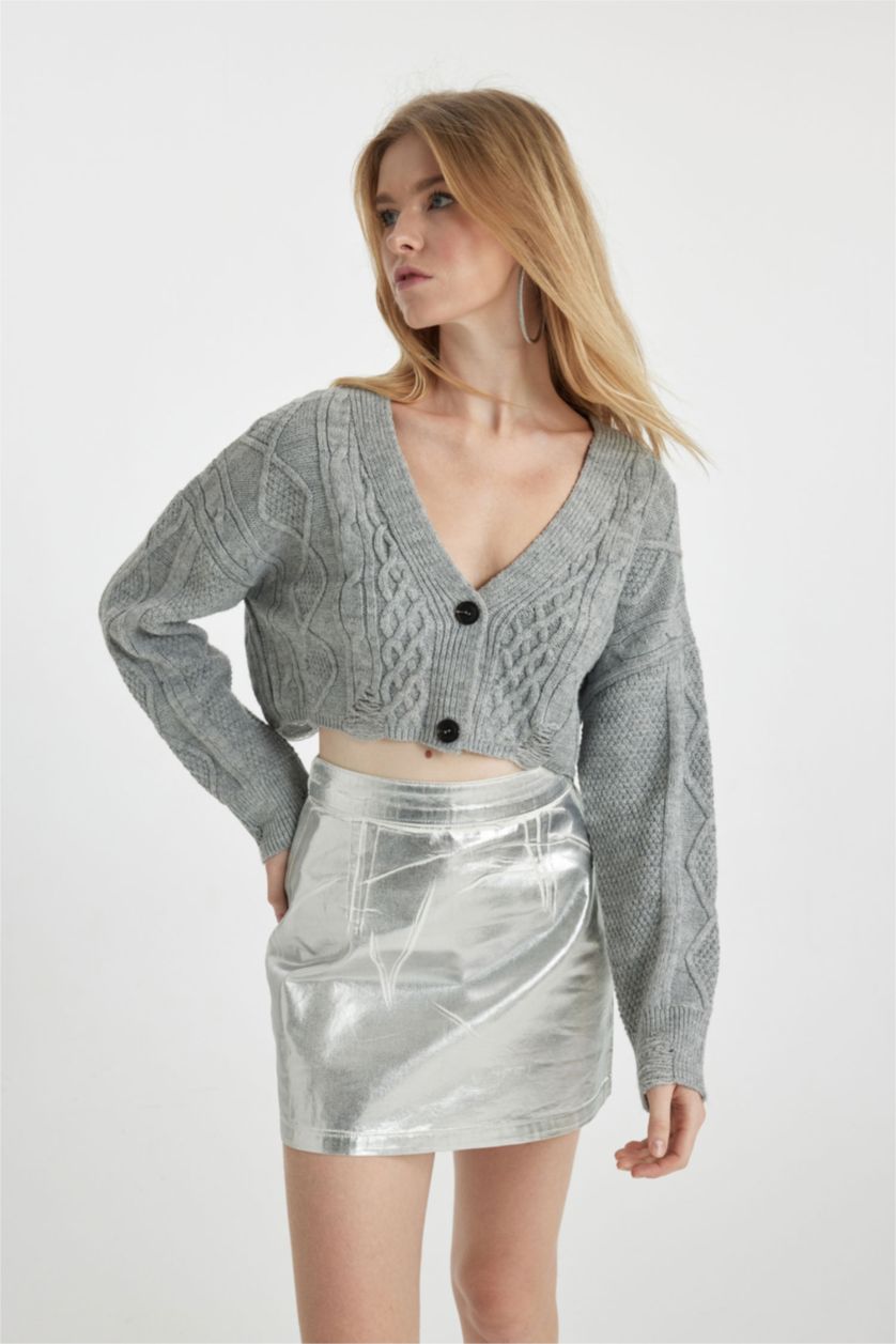 Kadın Koyu Gri Regular Fit V Yaka Triko Hırka