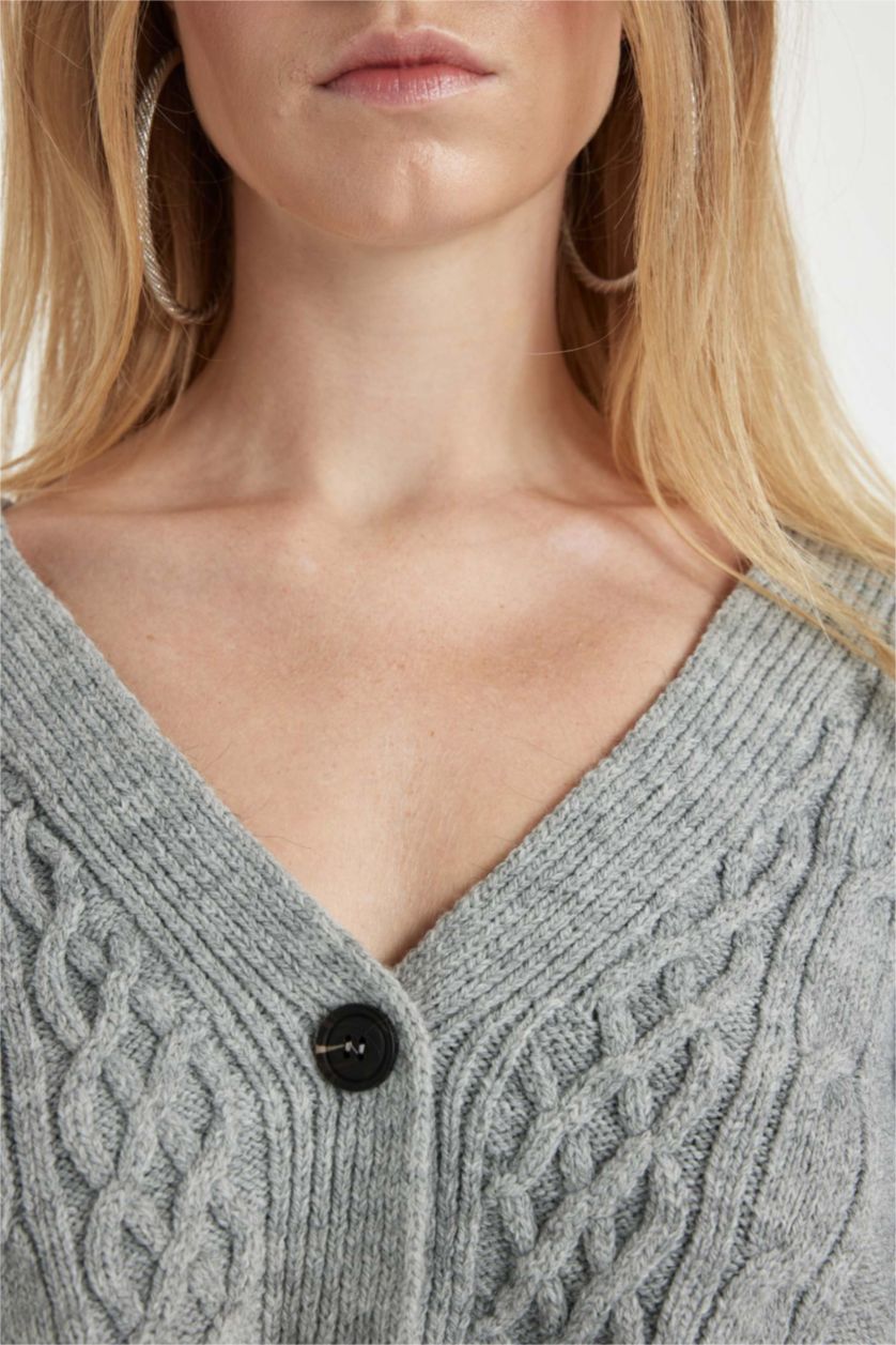 Kadın Koyu Gri Regular Fit V Yaka Triko Hırka