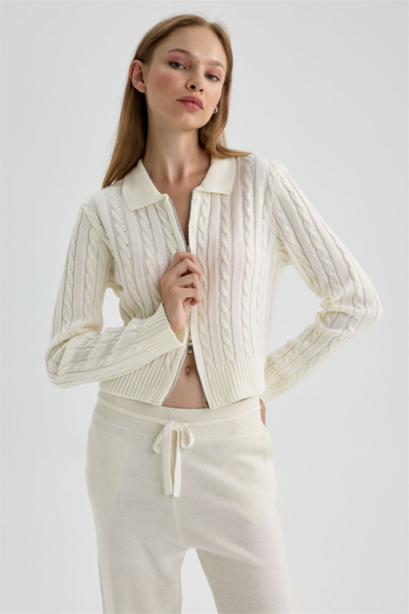 FEMME Écru Cardigan Tricot Coupe Régulière Col Polo