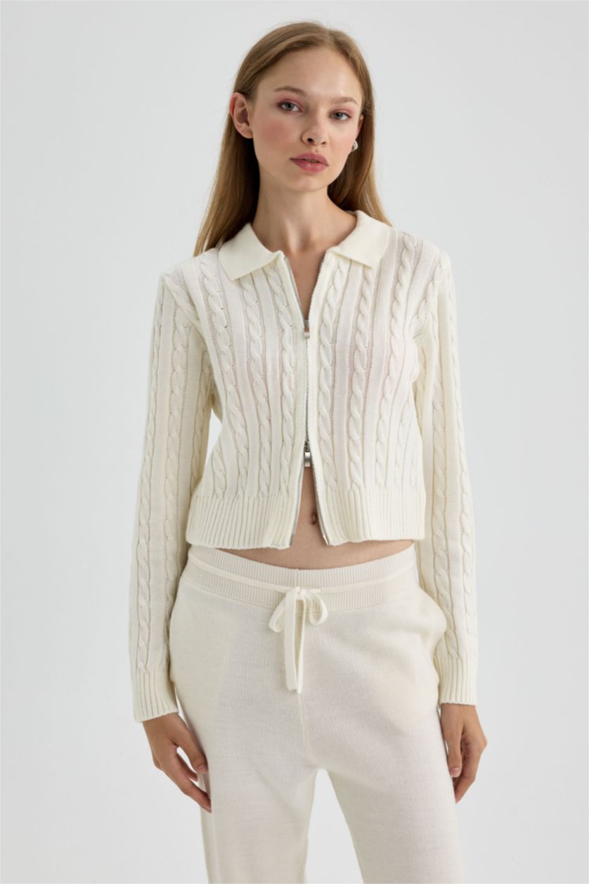 FEMME Écru Cardigan Tricot Coupe Régulière Col Polo