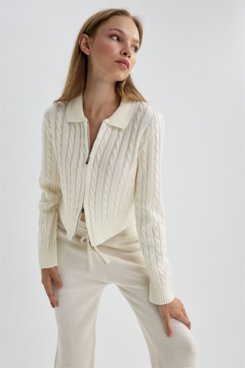FEMME Écru Cardigan Tricot Coupe Régulière Col Polo