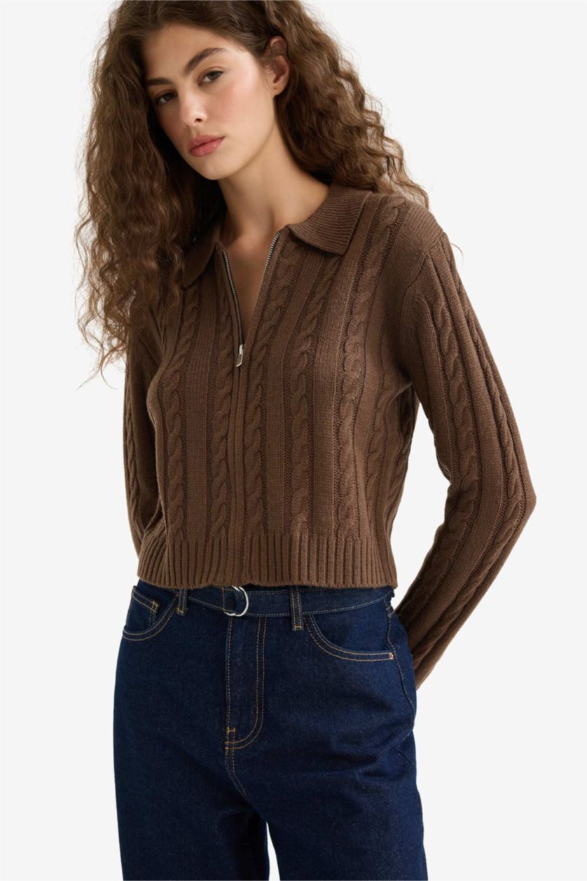 Kadın Kahve Regular Fit Polo Yaka Fermuarlı Triko Hırka