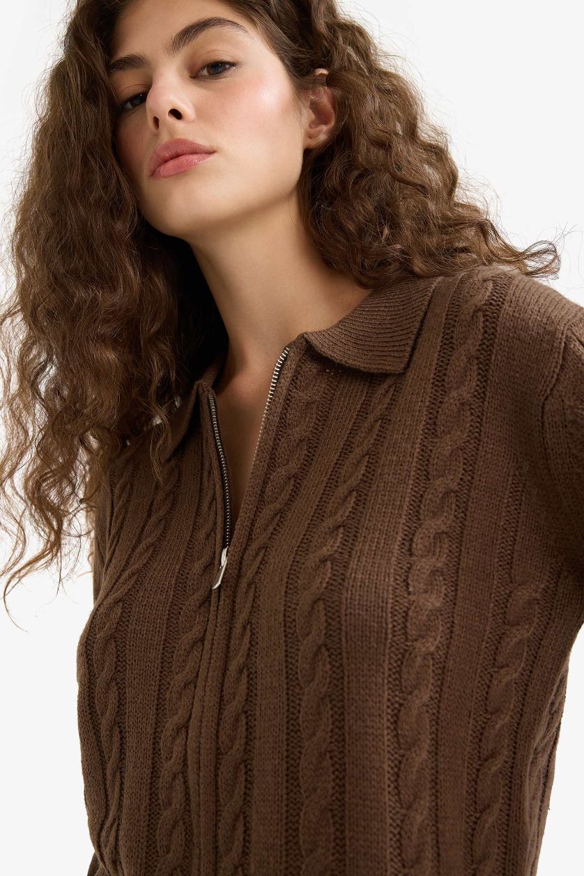 Kadın Kahve Regular Fit Polo Yaka Fermuarlı Triko Hırka