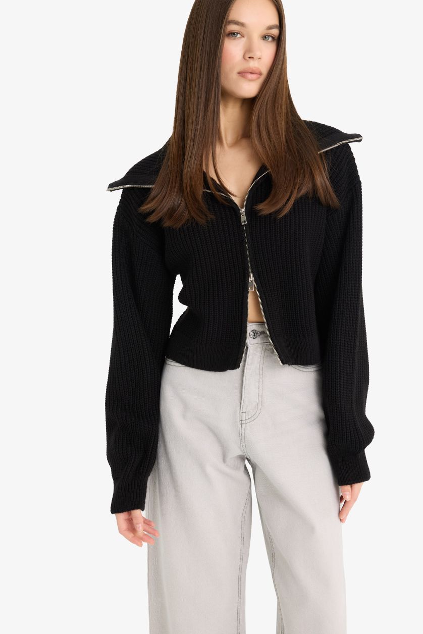 FEMME Noir Cardigan Tricot à Col Polo Coupe slim