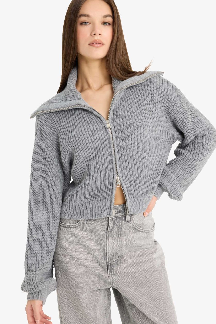 Kadın Gri Slim Fit Dar Kesim Polo Yaka Fermuarlı Triko Hırka