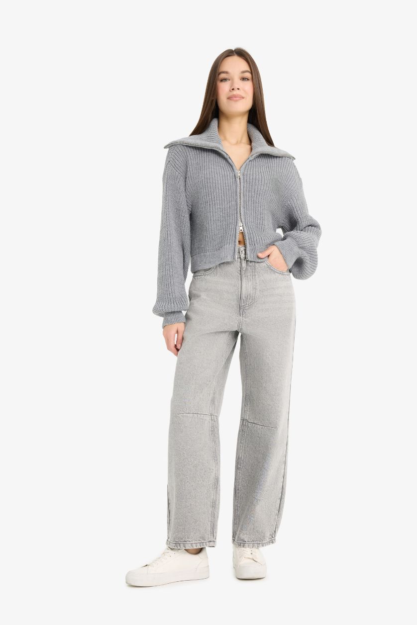 Kadın Gri Slim Fit Dar Kesim Polo Yaka Fermuarlı Triko Hırka