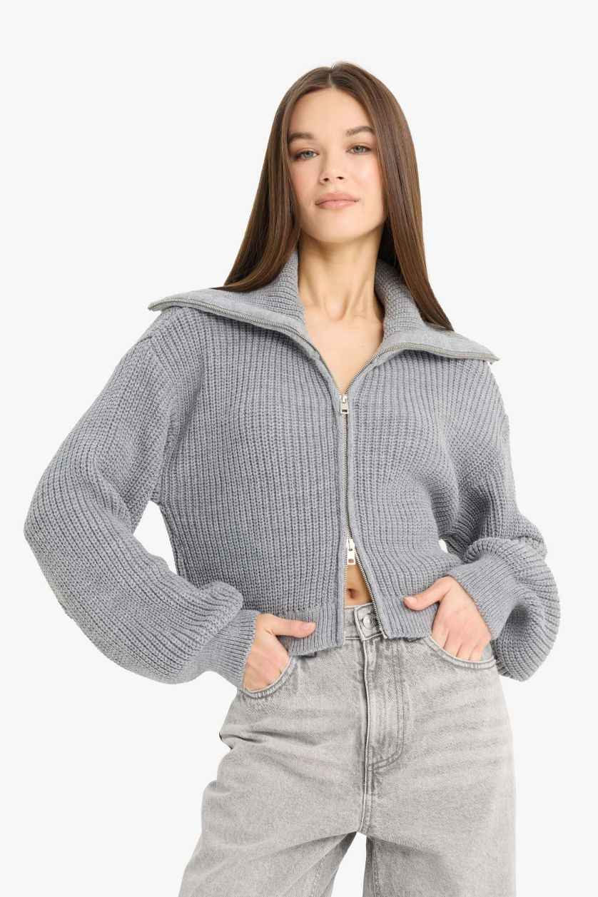 Kadın Gri Slim Fit Dar Kesim Polo Yaka Fermuarlı Triko Hırka