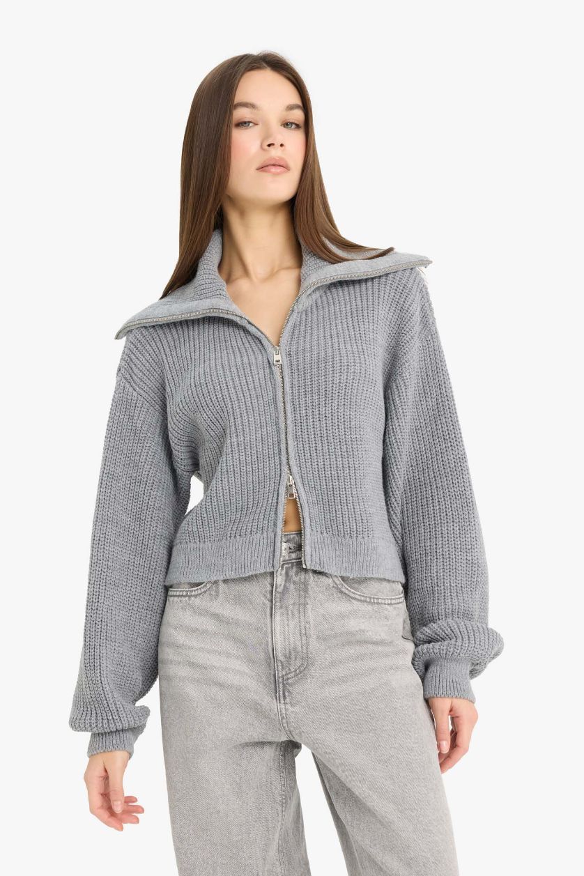 Kadın Gri Slim Fit Dar Kesim Polo Yaka Fermuarlı Triko Hırka