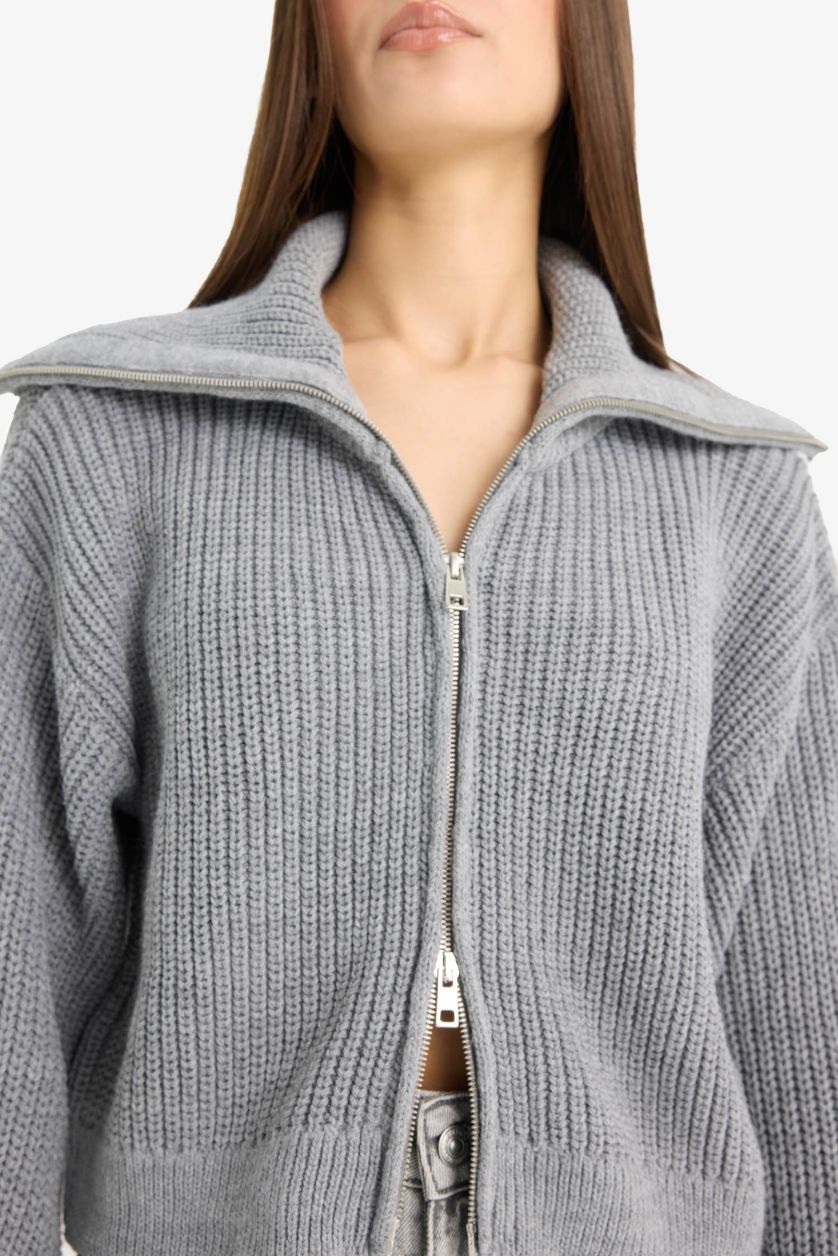 Kadın Gri Slim Fit Dar Kesim Polo Yaka Fermuarlı Triko Hırka