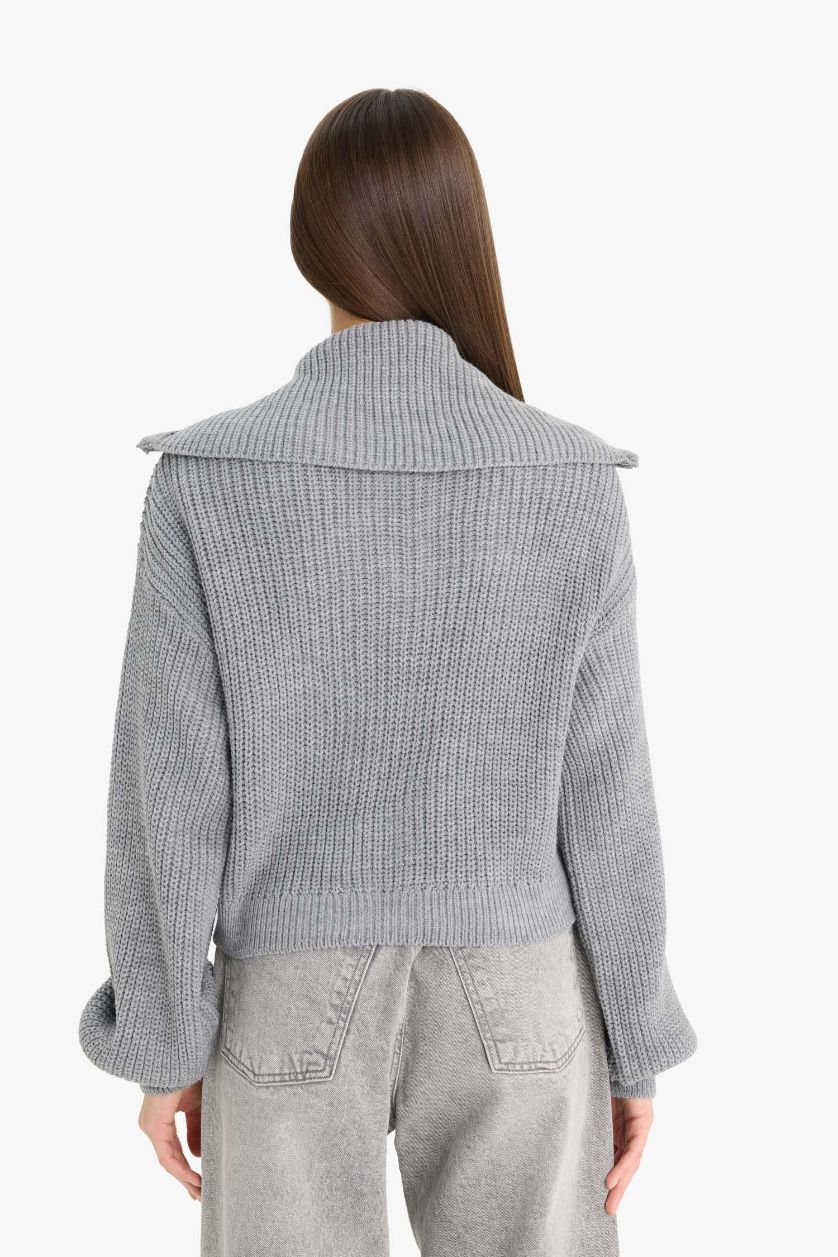 Kadın Gri Slim Fit Dar Kesim Polo Yaka Fermuarlı Triko Hırka