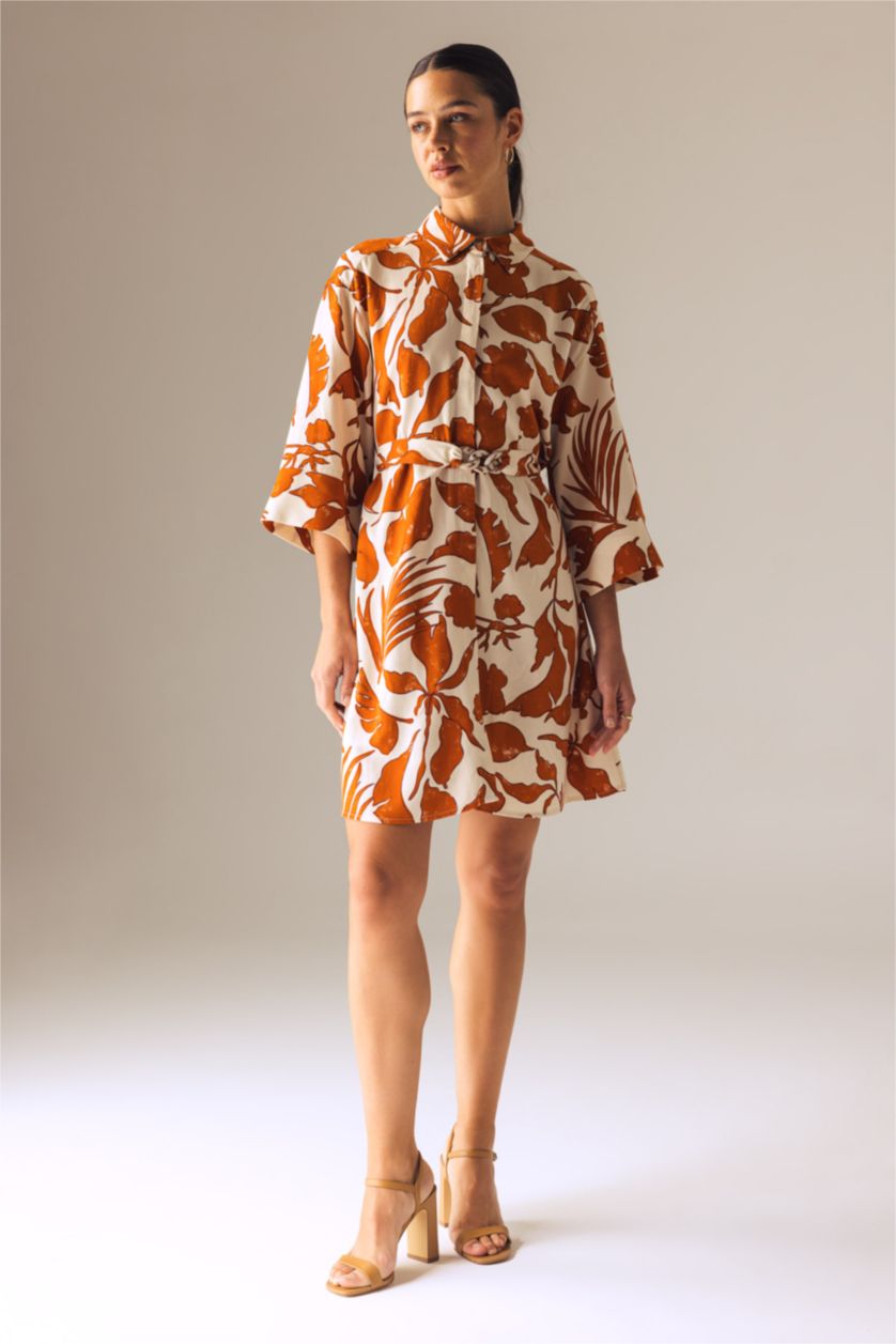 Женщины Темно-оранжевый Платье мини с воротником с коротким рукавом