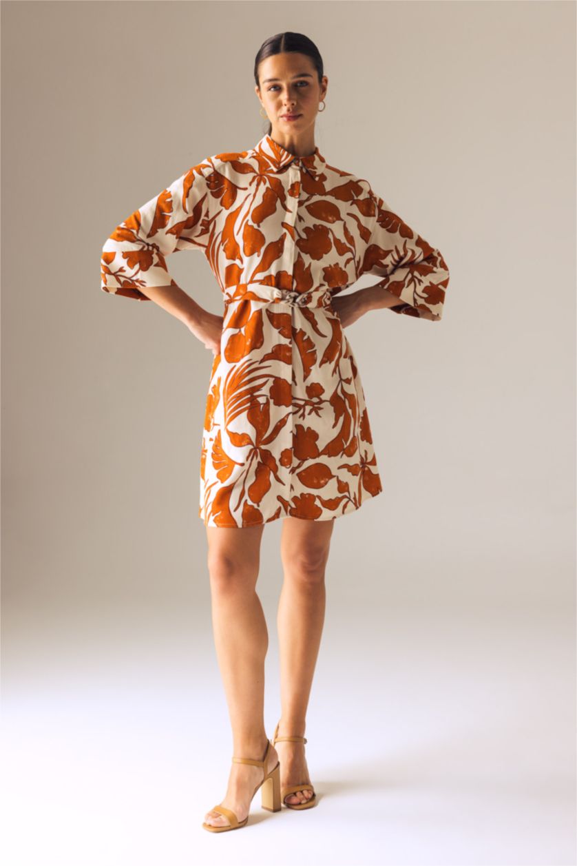 Женщины Темно-оранжевый Платье мини с воротником с коротким рукавом