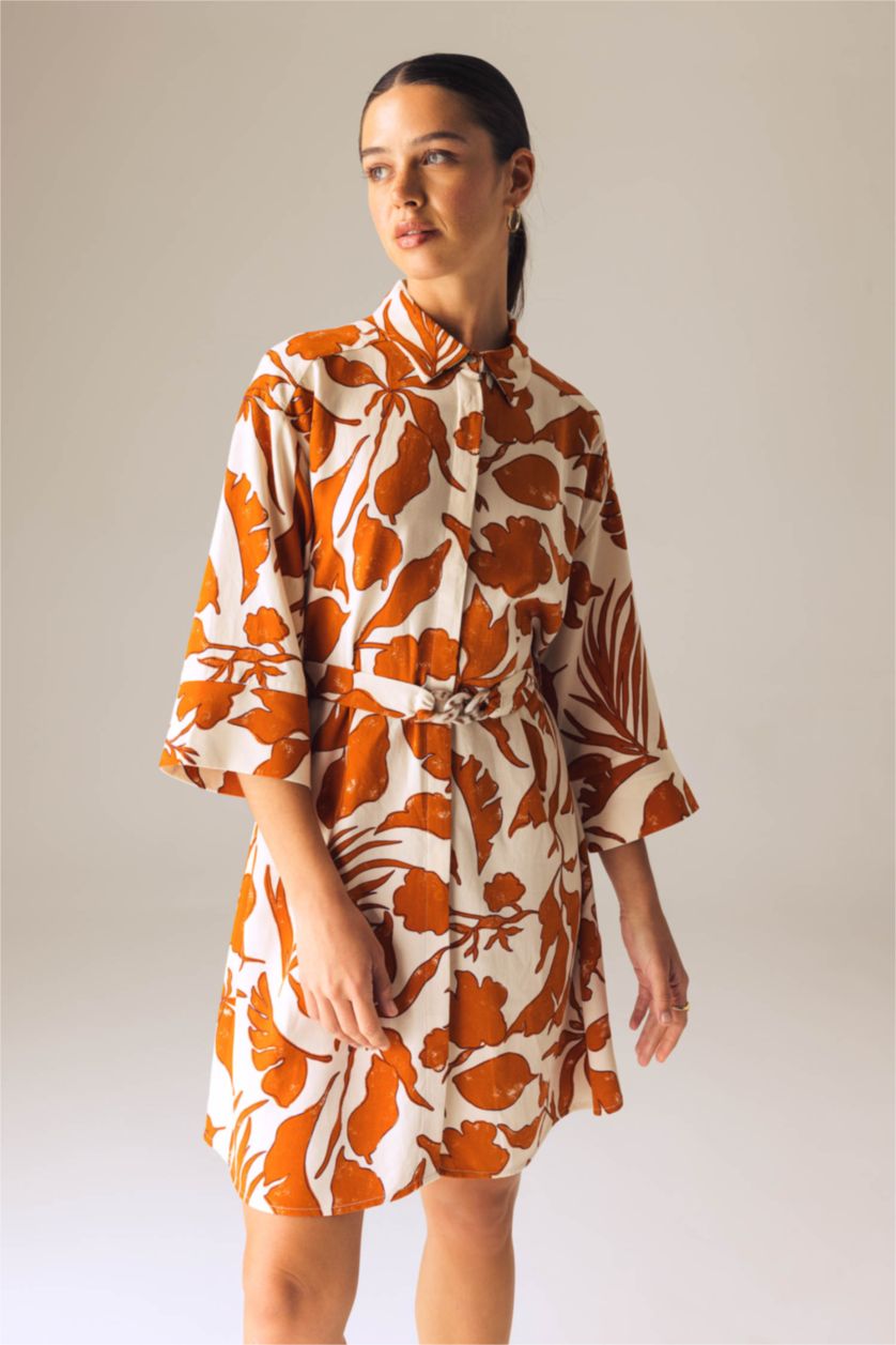 Женщины Темно-оранжевый Платье мини с воротником с коротким рукавом