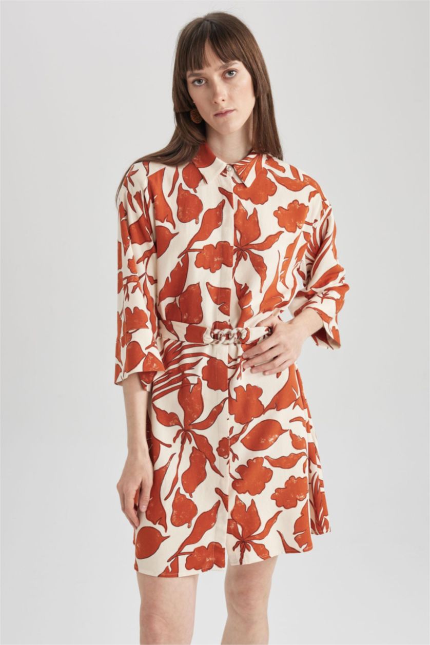 Женщины Темно-оранжевый Платье мини с воротником с коротким рукавом