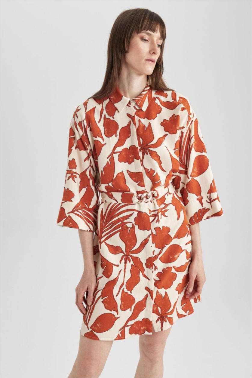 Женщины Темно-оранжевый Платье мини с воротником с коротким рукавом